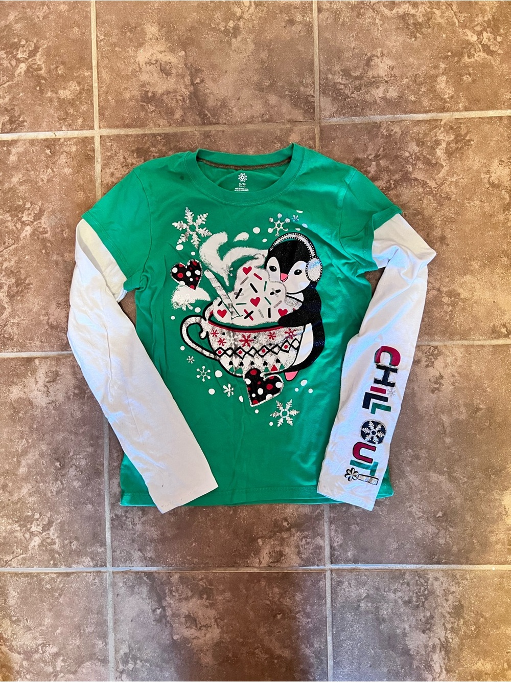 Layered Shirt - Green Short Sleeve with Holiday Graphic, White Long Sleeve Top